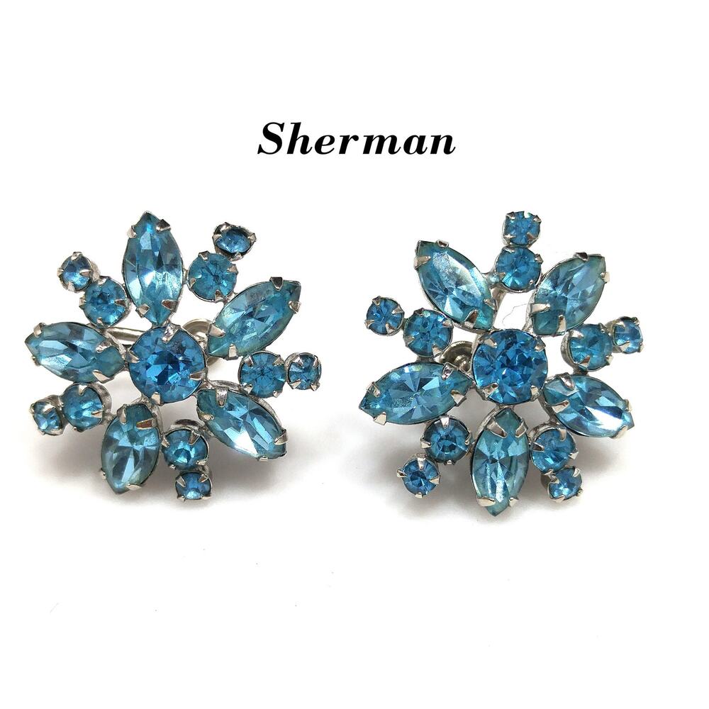 Sherman Turquoise Rhinestone Earrings, Screw-back Rhodium Plated, 1950s Vintage